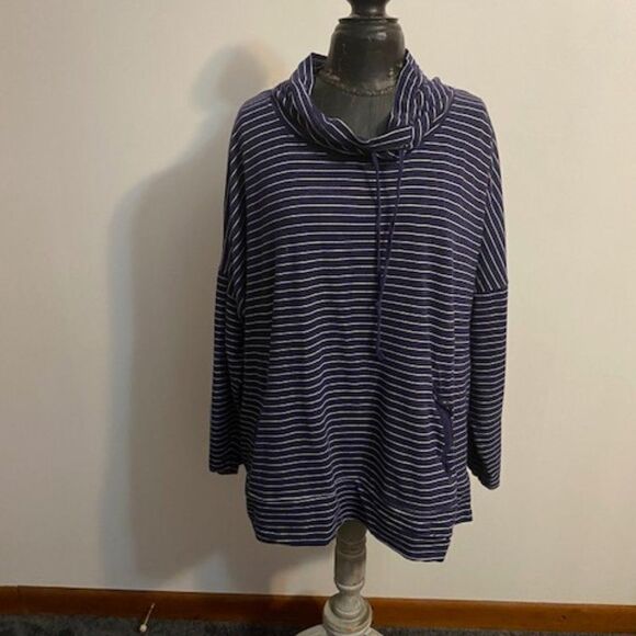 Cable & Gauge Blue/White stripe cowl neck 3/4 sleeves top, size 3X - Picture 1 of 3